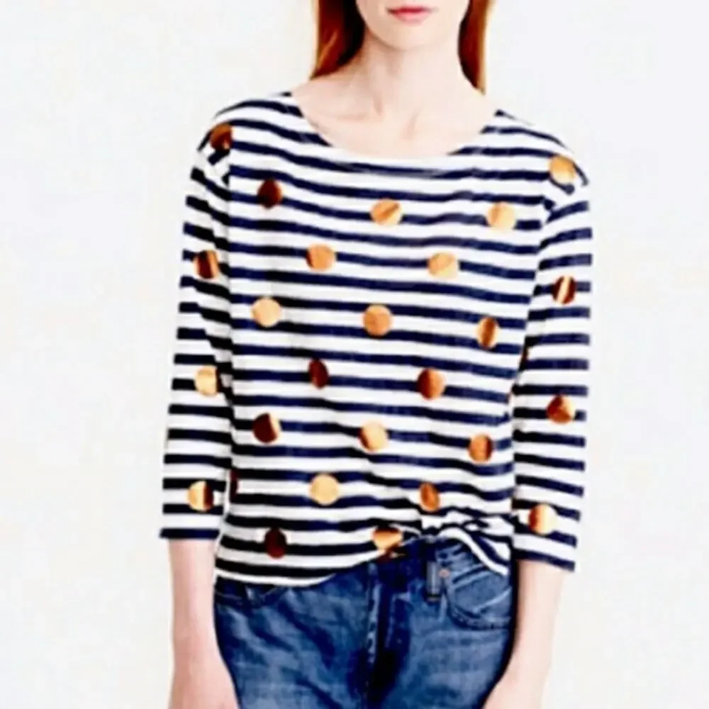 J Crew | Navy Striped Gold Dot 3/4 Sleeve Tee